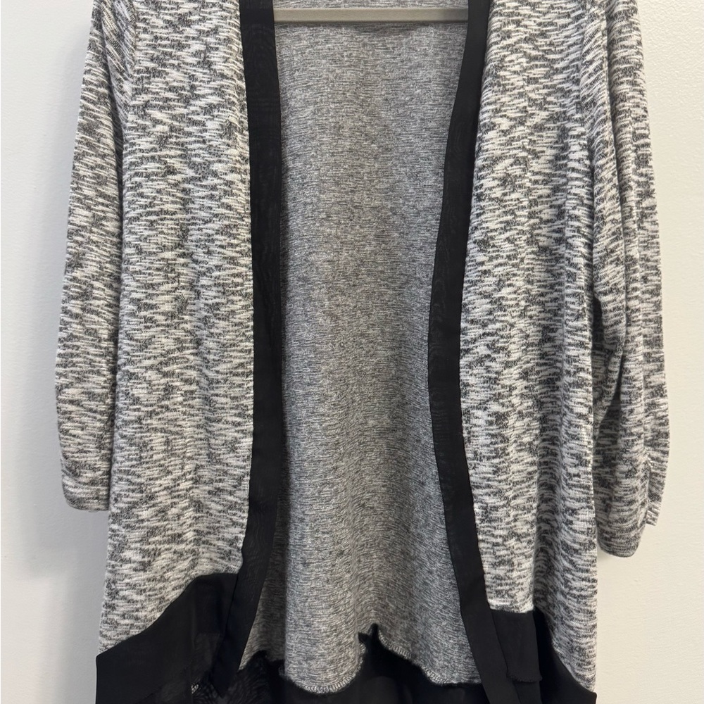 AB Studio size L black & gray cardigan gathered sleeve chiffon trim